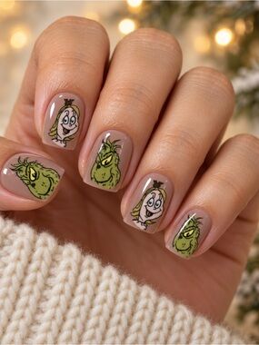 Grinch and Cindy Lou Christmas Press-On Nails Square Nude Holiday Set AC104